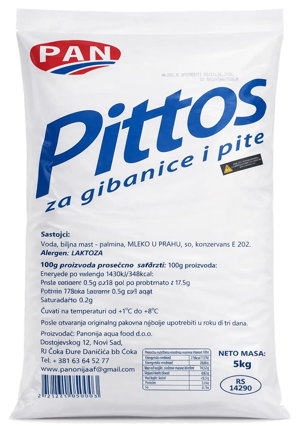 PAN Pittos, bela kesa od 5 kg sa plavim natpisom „za gibanice i pite“